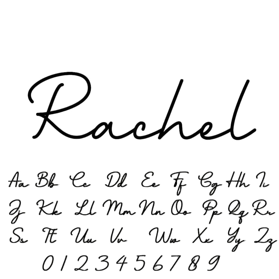 Handwritten name 'Rachel' and a set of letters and numbers on a white background