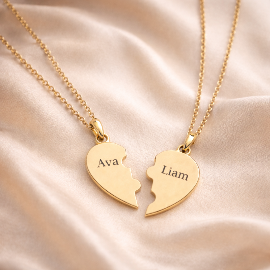 Gold heart-shaped necklaces with engraved names on cloth