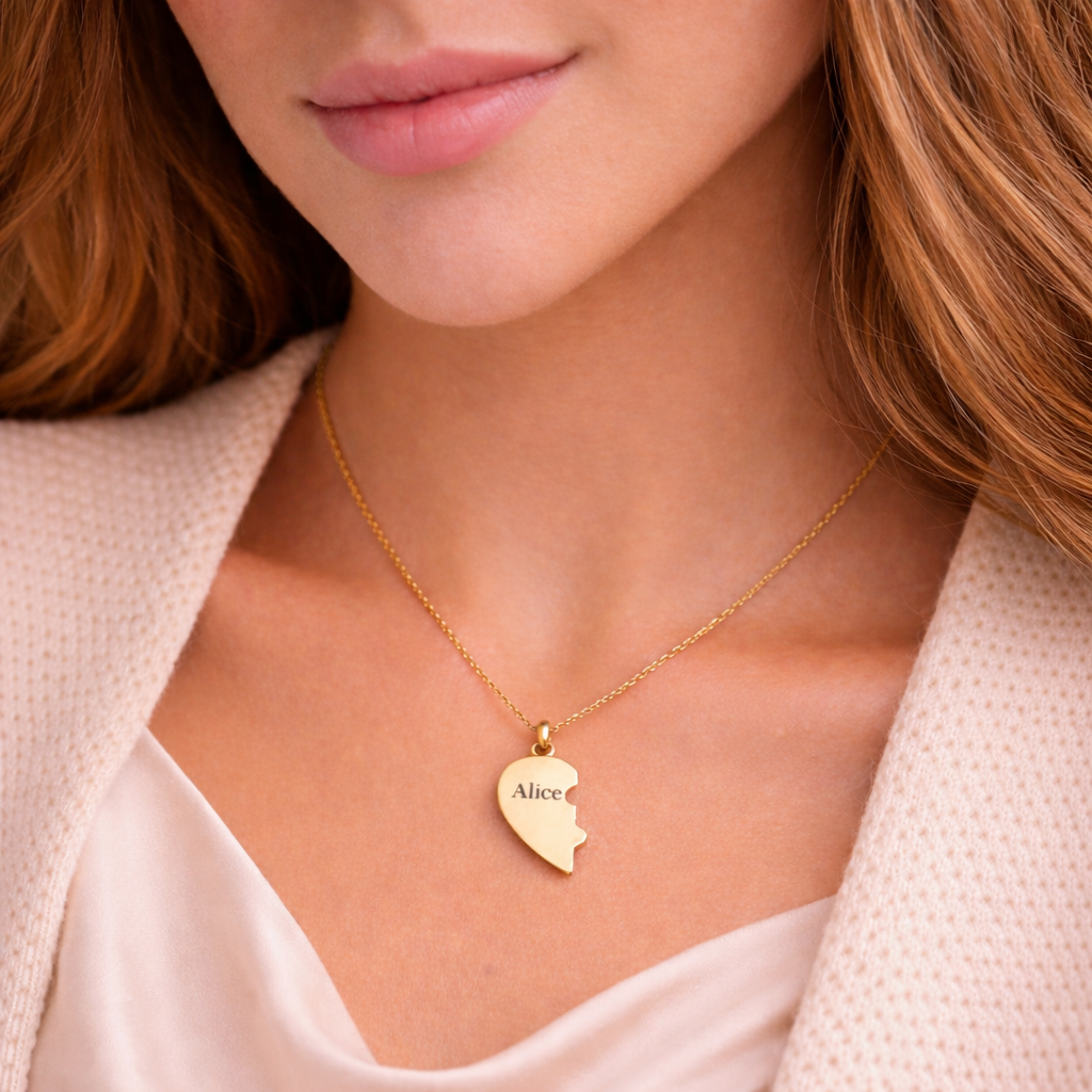 Gold necklace with a heart-shaped pendant on a person wearing a light pink top.